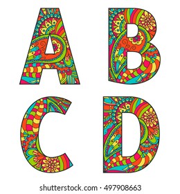 Isolated on white background vector set of large letters with a bright pattern doodle. Letter A, B, C, D.
