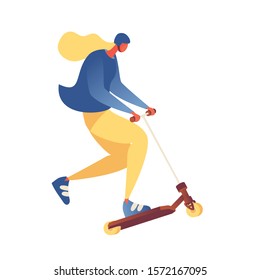 Isolated on white background young woman riding trick scooter. Modern flat character with helmet in dynamic pose