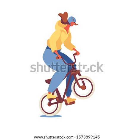 Isolated on white background young girl in helmet riding bmx sport bike good for dirt and motocross games. Character doing jump trick.