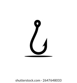 Isolated on white, a black fishing hook graphic illustration with a closed eyelet and sharp barb. An associated ground line emphasizes the composition.