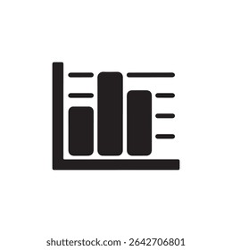 Isolated on white, the black icon depicts a bar graph with three columns representing different data points and dotted lines for scaled measurements analysis.
