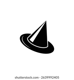 Isolated on white is a black witch's hat silhouette, featuring a tall, pointed cone and a wide, slightly curved brim. Simple vector graphic for Halloween.