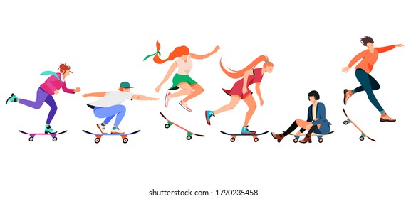 Isolated on white collection of people on a skateboard vector illustration. Set of characters riding a board design element. Modern activity, urban vehicle in flat cartoon style.