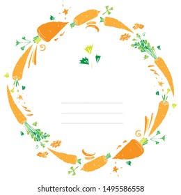 Isolated on white colorful vector wreath or circle frame made of different types of carrots and carrots elements