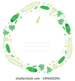 Isolated on white colorful vector wreath or circle frame made of different types of cucumbers and cucumbers elements
