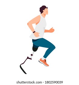 Isolated on white disabled man runner vector illustration. Male athlete with prosthetic leg  character design element in flat cartoon style.