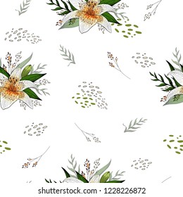 Isolated on white elements and lily bouquets seamless pattern vector. For bed linen or light textile design