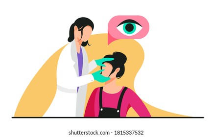  Isolated on white eye check up vector illustration. Ophthalmologist design element. Eyesight test in flat cartoon style.