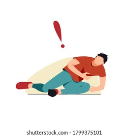 Isolated on white fallen man with chest pain vector illustration. Heart attack design element. Sports injury, excessive stress during training in flat cartoon style.