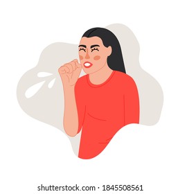 Isolated on white female character coughs and sneezes vector illustration. A symptom of flu, cold, SARS and virus design element. Allergic reacton  in cartoon style.