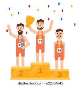 Isolated on white flat vector illustration of sportsmen standing on podium with medals and cup. Ceremony of awarding medals.