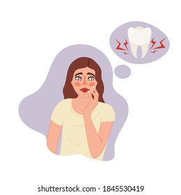 Isolated on white gingivitis, caries, pulpitis vector illustration. Female character suffers from tooth pain, gum problem design element. Dental symptom banner in cartoon style.