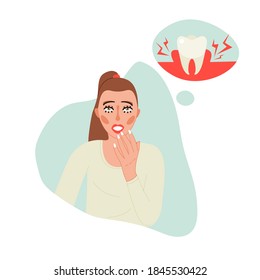 Isolated on white gingivitis, caries, pulpitis vector illustration. Female character suffers from tooth pain, gum problem design element. Dental symptom banner in cartoon style.