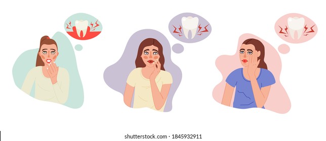 Isolated on white gingivitis, caries, pulpitis vector illustration. Female character suffers from tooth pain, gum problem design element. Dental symptom banner in cartoon style.