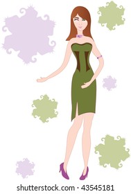 isolated on white girl in a smart green evening dress making a 'look at this' gesture.