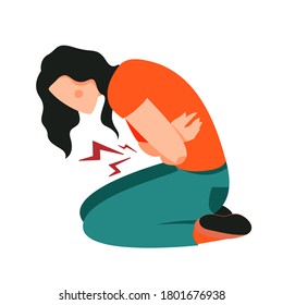 Isolated on white girl suffering from menstrual pain vector illustration. Painful periods, colic in the abdomen, inflammation of the appendages, uterus, ovaries.