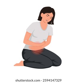 Isolated on white girl suffering from abdominal pain, vector illustration. Painful periods, colic in the abdomen, inflammation of the appendages, uterus, ovaries.