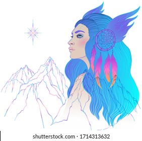 Aislado en la ilustración blanca de la nativa india con plumas y cazador de sueños. La diva del boho de la fusión tribal. 