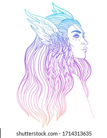 Aislado en la ilustración blanca de la nativa india con plumas y cazador de sueños. La diva del boho de la fusión tribal. 
