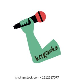 Isolated on white karaoke invite poster with one green arm with inscription and microphone in hand