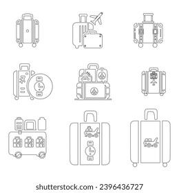 Einzeln auf Weiß umfasst ein lineares Piktogramm Gepäck, ein Gepäcksymbol und ein Umriss-Vektorzeichen. Illustration eines Symbols oder Emblems