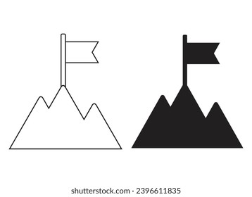 isolated on a white, linear-style pictogram, outline vector sign, and flag on top of a mountain. An achievement icon is a graphic representation of a logo. Modifiable stroke. Vector design with pixel