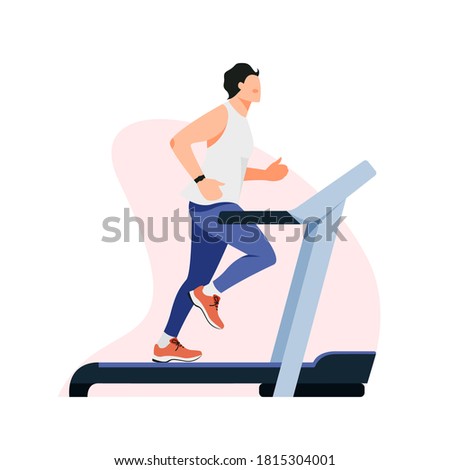 Isolated on white man running on a treadmill vector illustration. Fitness in the gym design element. Endurance trainer  in flat cartoon style.