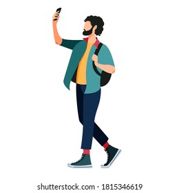 Aislado sobre el hombre blanco tomando selfies ilustraciones vectoriales. Usuario de Smartphone haciendo elementos de diseño de fotos al estilo de dibujos animados planos.
