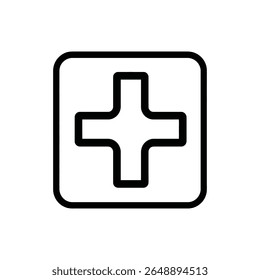 Isolada no branco, uma cruz médica é exibida dentro de um quadrado arredondado usando simples contornos pretos, criando imagens limpas e minimalistas perfeitas para temas de saúde.