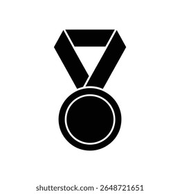 Isolado no branco, um gráfico minimalista retrata uma medalha preta suspensa de uma fita. Este símbolo representa conquista, vitória e reconhecimento de mérito.
