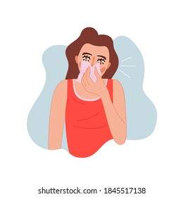 Isolated on white runny nose symptoms vector illustration. Female character suffers from nasal congestion, snot, difficulty breathing design element. Symptoms of allergies, colds, virus  .