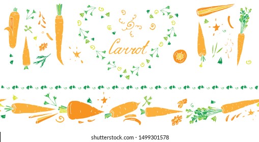 Isolated on white set of vector elements: horisontal seamless border brush with carrots, lettering, carrot tops and other elements