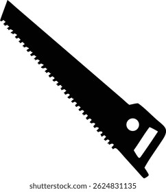 Isolated on white, a simple black silhouette reveals a hand saw, emphasizing the serrated blade and the distinct design of the handle.
