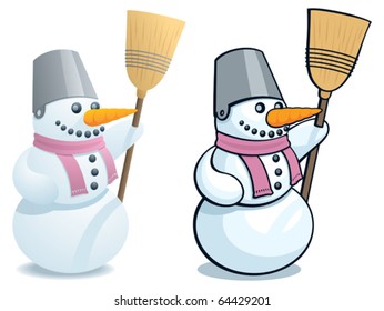 Isolated on white snowman drawn in 2 different styles.