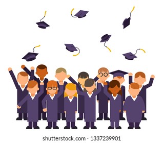 Isolated on white students crowd celebrate rejoice flying graduation hats group solemn graduate characters isolated on white flat design vector illustration