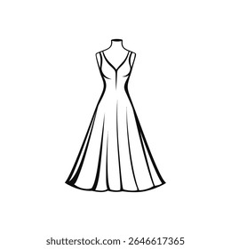Isolado no branco, um manequim elegante exibe um vestido monocromático. O vestido apresenta um decote v e tiras finas, oferecendo um olhar elegante e elegante.