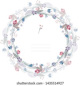 Isolated on white summer vector circle hand drawn tangle of flowers, leaves and herbs in grey, pink, purple, blue, light blue colors in classic or retro style