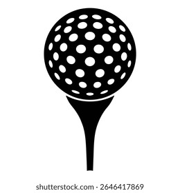 Isolada no branco, uma bola de golfe texturizada fica no topo de um tee em preto e branco; o tee ligeiramente borrado no topo, mostra elegância e precisão.