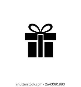 Aislada en blanco, esta silueta negra representa una caja de regalo minimalista adornada con un elegante lazo de cinta. Perfecto para proyectos de diseño e ilustraciones simples.