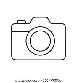 Dieses Symbol ist auf Weiß isoliert und zeigt eine schwarz umrissene Kamera, die sich für moderne minimalistische Projekte eignet, bei denen ein sauberes Bild benötigt wird und Anpassungsfähigkeit der Schlüssel ist.