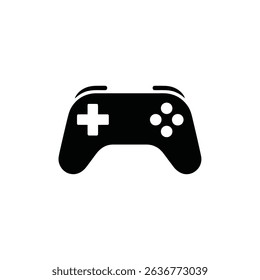 Isolated on white, this image features a simplified, bold black game controller, with a plus-shaped directional pad and four round action buttons.
