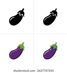 Isolated on white, this image depicts a set of four eggplant vector icons. Two are in black silhouette, and two are colored purple with green stems and leaves.