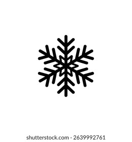 Isolated on white, this image features a single, solid black snowflake design. Ideal for winter, holiday, or Christmas-themed graphics or illustrations.