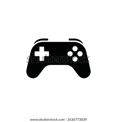 Isolated on white, this image features a simplified, bold black game controller, with a plus-shaped directional pad and four round action buttons.
