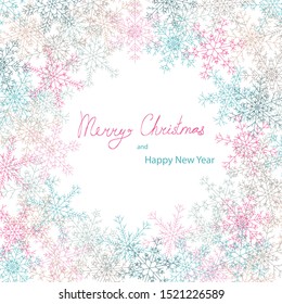 Isolated on white vector Christmas and New Year greting card template with geometrical snowflakes in grey, blue and pink colors and lettering