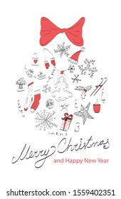 Isolated on white vector Christmas ball made of handdrawn doodle Christmas elements with red ribbon and greeting message Merry Christmas and Happy New Year