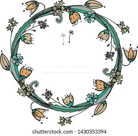 Isolated on white vector of decorative summer floral round tangle with orange, light blue, grey flowers