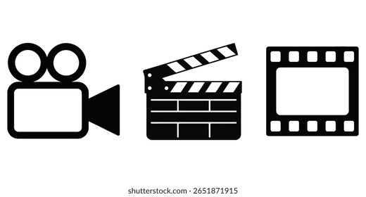 Isolated on white, vector design featuring film camera, open black clapperboard, and filmstrip symbols in a simple, minimalist style great for cinema concepts.