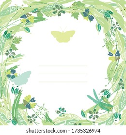 Aislado sobre el marco redondo floral vectorial blanco en color verde con mariposas y libélula