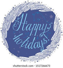 Isolated on white vector hand drawn circle backdrop or card template on Christmas theme with wings, stars and lettering in retro or classic style in blue colors